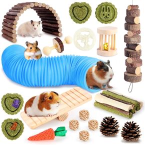 Kyouki Hamster Toys Guinea Pig Toys مع نفق ، خشب التفاح القابل للمضغ والقش الطبيعي - إثراء ألعاب مضغ للحيوانات الصغيرة - 24+ إكسسوارات القفص لرعاية الأسنان والملل (الأخضر)