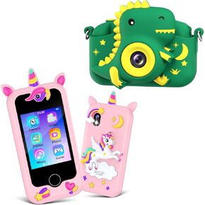 Kids Camera and Kids Smart Phone Toys for Girls, Dinosaur Toddler Digital Camera for Ages 3-12 Boys Girls, 2.8" Touchscreen HD Dual Camera Toddler Phone for Kids
