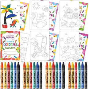 Pasimy 24 Set End of Year Students Gifts from Teacher Have a Colorful Summer Postcards and Crayons Last Day of School Party Favors Coloring Postcard for Kindergarten Preschool Gifts Supplies(Cute)