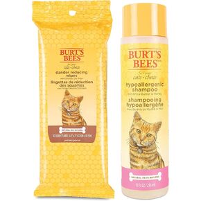Burt's Bees for Cats Hypoallergenic Shampoo and Dander تقلل من مناديل الاستمالة - شامبو Cat ومساحات للقطط ، مستلزمات القطط ، شامبو القط ، مناديل Cat ، مناديل الحيوانات الأليفة القطط