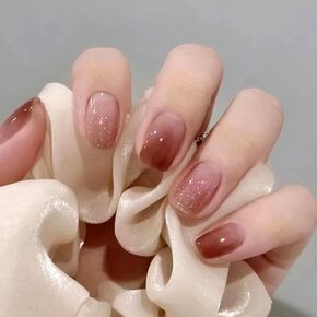 24pcs قصيرة الضغط على الأظافر ، وردي زرقاء عارية لطيف 3D الحلي ثلاثية الأبعاد الغراء القابل لإعادة الاستخدام على الأظافر جولة مربعة اللوز