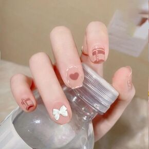 24pcs Short Press on Nails, Nude Blue Pink Cute Designed 3D Ornaments Reusable Glue on Nails Round Square Almond Shape False Nail CINSEVAN'L (3D Peach) in Kuwait