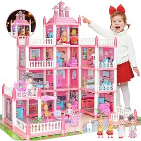 Doll House for Girls Choilers - دمية ضخمة مع 4 دمى شخصية ، أثاث ، إكسسوارات ، ضوء LED ، 4 قصص هدية ألعاب الأميرة للألعاب للأطفال 6 7 8 سنوات