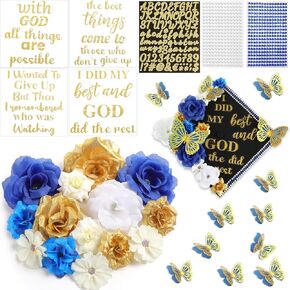 35 PCS DIY Cap Cap Decorations Kit ، تشمل Faux Flower Flower 3D Butterfly Treguation QUOTE GLITTER PERL PEARL RHINESTONE لـ GRART HAT Topper Cover Gift (Black ، Red ، Gold)