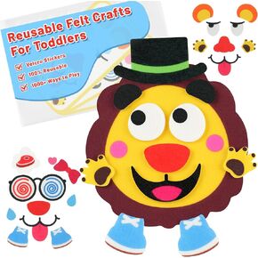 Funny Make a Face Felt DIY Kits for Kids, Reusable Stickers with Velcro, Mix and Match Animals Felt Toys, Montessori Preschool Busy Board Gifts for Toddlers Boy Girl, Lion Face Board+3 Sets Expression
