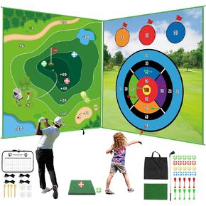 Golf Chipping Game: Double Sided Golf Game & Hitting Mat Plus for Kids & Adults, Indoor Practice Mat with 20 Sticky Balls & 10 Darts, Ideal Gift