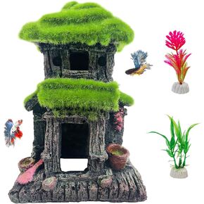 Hamiledyi 4PCS Aquarium Decoration, Fish Tank Artificial Resin Castle Ornaments, Betta Tank Landscape Decorations with Plastic Plants for Shrimp Fish Climbing Hiding