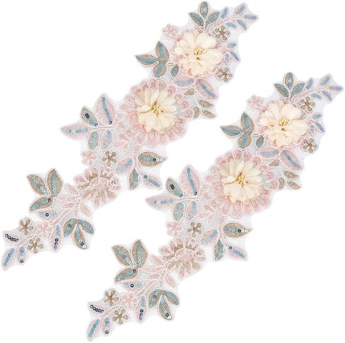 2Pcs 3D Floral Sequin Applique Polyester Embroidery Lace Flower Patches Pink Beaded Lace Embroidered Sew on Tulle Appliques for Sewing Making Dress Gowns Clothes Costume Embellishment Supply in Saudi Arabia