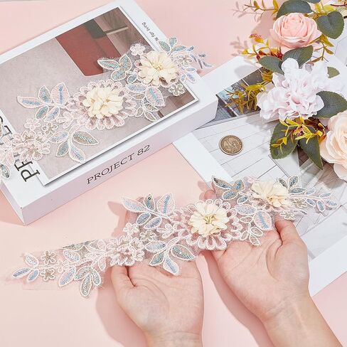 2Pcs 3D Floral Sequin Applique Polyester Embroidery Lace Flower Patches Pink Beaded Lace Embroidered Sew on Tulle Appliques for Sewing Making Dress Gowns Clothes Costume Embellishment Supply in Saudi Arabia