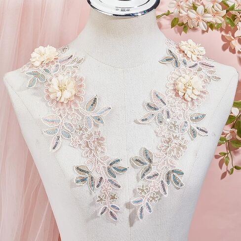 2Pcs 3D Floral Sequin Applique Polyester Embroidery Lace Flower Patches Pink Beaded Lace Embroidered Sew on Tulle Appliques for Sewing Making Dress Gowns Clothes Costume Embellishment Supply in Saudi Arabia