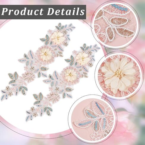 2Pcs 3D Floral Sequin Applique Polyester Embroidery Lace Flower Patches Pink Beaded Lace Embroidered Sew on Tulle Appliques for Sewing Making Dress Gowns Clothes Costume Embellishment Supply in Saudi Arabia
