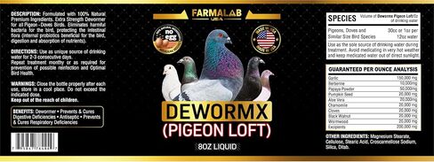 DEWORMX for Pigeons Doves Birds Palomos Buchones Mensajeros Pigeon Tabs Pigeonvita Vitamins La Lechita Pigeons Hens Rooster Chickens Caged Birds (Pigeon Loft 8oz) in Kuwait