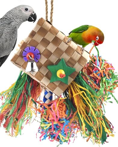 Bissap Bird Chew Toys, Parrot Foraging Shredder Natural Palm Frond Woven Bag Hanging Cage Toy with Chewing Treats for Conure Budgie Cockatiel Cockatoos and Similar Sized Pet Birds in Kuwait
