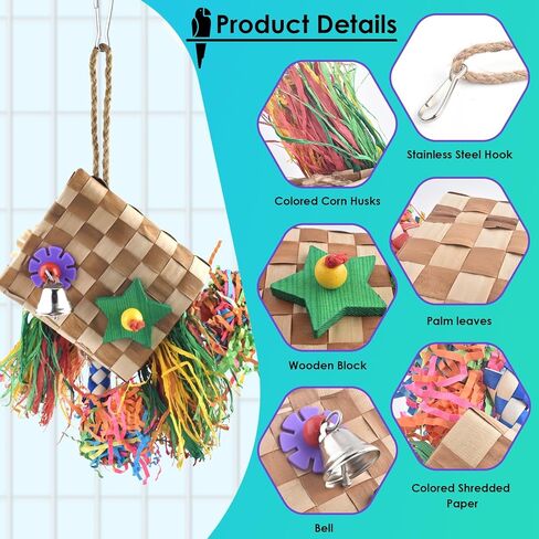 Bissap Bird Chew Toys, Parrot Foraging Shredder Natural Palm Frond Woven Bag Hanging Cage Toy with Chewing Treats for Conure Budgie Cockatiel Cockatoos and Similar Sized Pet Birds in Kuwait