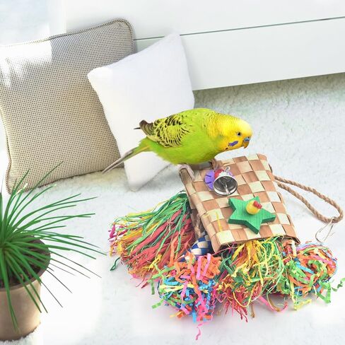 Bissap Bird Chew Toys, Parrot Foraging Shredder Natural Palm Frond Woven Bag Hanging Cage Toy with Chewing Treats for Conure Budgie Cockatiel Cockatoos and Similar Sized Pet Birds in Kuwait