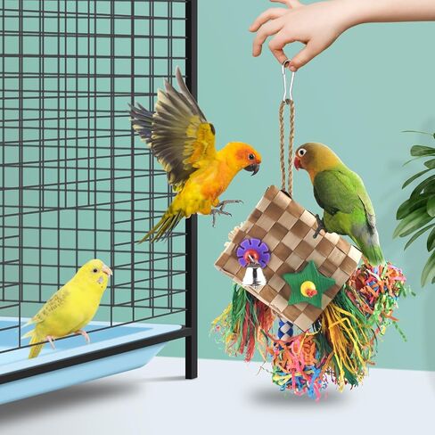 Bissap Bird Chew Toys, Parrot Foraging Shredder Natural Palm Frond Woven Bag Hanging Cage Toy with Chewing Treats for Conure Budgie Cockatiel Cockatoos and Similar Sized Pet Birds in Kuwait