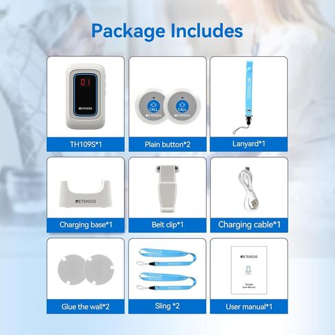 Retekess TH109 Caregiver Pager, Nurse Call Button, Low Battery Reminder, Adjustable Volume, 1 Host and Rechargeable Base 1 Call Bell for Elderly at Home, Patients in Kuwait
