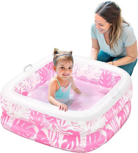 SLOOSH Inflatable Kiddie Pool for Kids, 32"x32"x8.5" Swimming Pool with Soft Pad for Kid & Toddler, Square Blow Up Baby Ball Play Pit Pools for Swim Party, Portable Indoor & Outdoor Water Toys (Pink) in Saudi Arabia