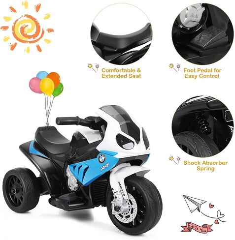 OLAKIDS Kids Ride on Motorcycle, 6V Licensed BMW Electric Motor with Music, Foot Pedal, Headlight, Leather Seat Cushion, 3 Wheels Battery Powered Tricycle Toy for Boys Girls (Sapphire) in Saudi Arabia