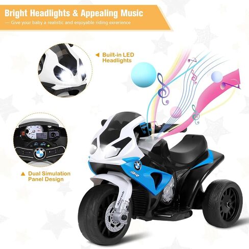 OLAKIDS Kids Ride on Motorcycle, 6V Licensed BMW Electric Motor with Music, Foot Pedal, Headlight, Leather Seat Cushion, 3 Wheels Battery Powered Tricycle Toy for Boys Girls (Sapphire) in Saudi Arabia