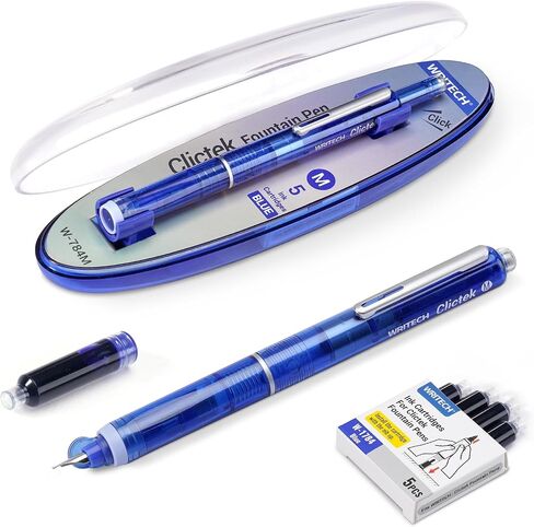 WRITECH Clictek Fountain Pen Set: Retractable Style Blue Ink Medium Nib Transparent Barrel, Includes 5 Ink Cartridges for Gift Set, Smooth Writing No Leaking in Saudi Arabia