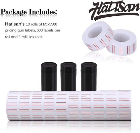 hatisan Price Gun Labels, 10 Rolls x 5000 White Pieces, Compatible with Mx-5500, 3pcs Ink Rollers, Double Red Lines, 500 Price Tag per Roll, 5000 Labels Total in Saudi Arabia