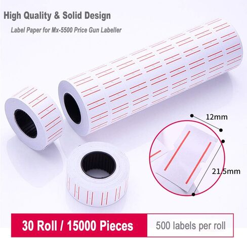 hatisan Price Gun Labels, 10 Rolls x 5000 White Pieces, Compatible with Mx-5500, 3pcs Ink Rollers, Double Red Lines, 500 Price Tag per Roll, 5000 Labels Total in Kuwait
