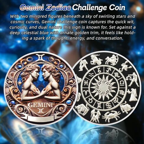 Cool Gemini 12 Zodiac Challenge Coin - Twelve Constellations Gemini Protective Talisman Coin - Divination Good Luck Charms Tarot Coin - Meaningful Star Sign Collectible Gifts for Men Women Friend Kid in Saudi Arabia