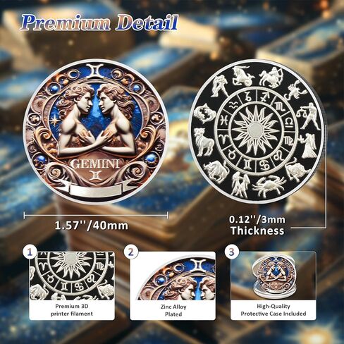 Cool Gemini 12 Zodiac Challenge Coin - Twelve Constellations Gemini Protective Talisman Coin - Divination Good Luck Charms Tarot Coin - Meaningful Star Sign Collectible Gifts for Men Women Friend Kid in Saudi Arabia