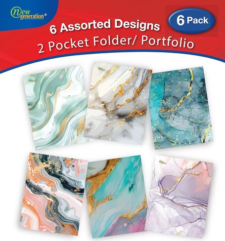 New Generation - Marble - 2 Pocket Folders, Assorted Designs Letter Size folders with 3 Hole Punch to use with Your Binder, folders are Heavy Duty and Glossy Laminated (6 Pack FOLDERS) in Kuwait