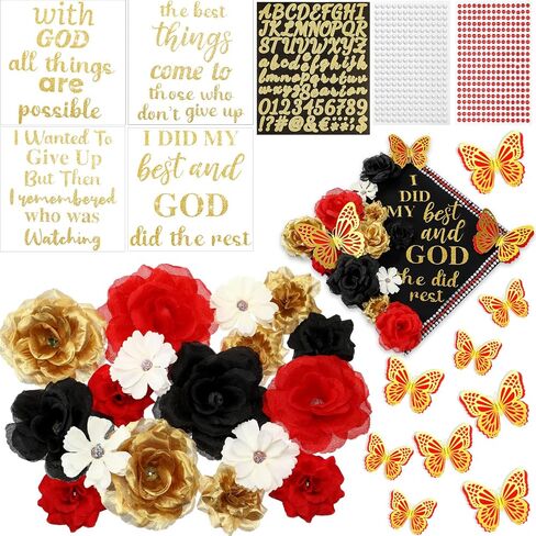 35 PCS DIY Cap Cap Decorations Kit ، تشمل Faux Flower Flower 3D Butterfly Treguation QUOTE GLITTER PERL PEARL RHINESTONE لـ GRART HAT Topper Cover Gift (Black ، Red ، Gold) in Saudi Arabia