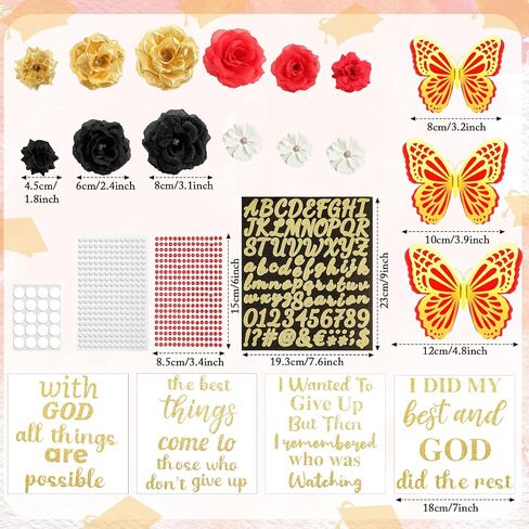 35 PCS DIY Cap Cap Decorations Kit ، تشمل Faux Flower Flower 3D Butterfly Treguation QUOTE GLITTER PERL PEARL RHINESTONE لـ GRART HAT Topper Cover Gift (Black ، Red ، Gold) in Saudi Arabia