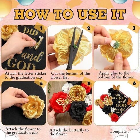 35 PCS DIY Cap Cap Decorations Kit ، تشمل Faux Flower Flower 3D Butterfly Treguation QUOTE GLITTER PERL PEARL RHINESTONE لـ GRART HAT Topper Cover Gift (Black ، Red ، Gold) in Saudi Arabia