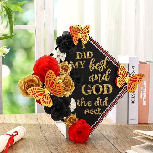35 PCS DIY Cap Cap Decorations Kit ، تشمل Faux Flower Flower 3D Butterfly Treguation QUOTE GLITTER PERL PEARL RHINESTONE لـ GRART HAT Topper Cover Gift (Black ، Red ، Gold) in Saudi Arabia