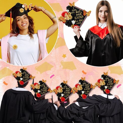 35 PCS DIY Cap Cap Decorations Kit ، تشمل Faux Flower Flower 3D Butterfly Treguation QUOTE GLITTER PERL PEARL RHINESTONE لـ GRART HAT Topper Cover Gift (Black ، Red ، Gold) in Saudi Arabia