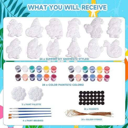 24Pcs Summer Gnome Ceramic Painting Kit for Adults Kids Ready to Paint Your Own Gnome Ornaments DIY Unpainted Gnomes Figurines Ceramic Gnomes to Paint Crafts Set with Magnetic Strips in Kuwait