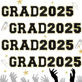 Lyrow 32 Pcs Self Adhesive Grad 2025 Iron on Patches Sew on Chenille Letter Patches Glitter Graduation Embroidered Applique Decor for DIY Cloth Graduation Decor 2.1 Inch, Black