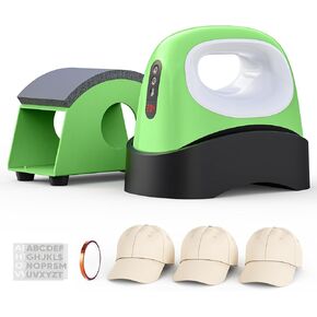 Hat Heat Press Machine ، Alldeer Handheld Hat Press مع شاشة رقمية ، مؤقتة مجانية وضبط الوقت ، 3 قبعات ، ملصقات ، شريط ، آلة حرارة القبعة للكبسولة/كيس القماش ، نقل الحرارة (أخضر)