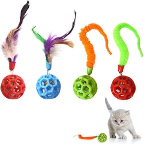 كرة قطة مع ذيل ، 4 أجهزة كمبيوتر CAT كرات الشبكة Cat Balls التفاعلية مع دودة أو ريشة CAT تمرين كرات ، ساعة من الترفيه ، آمنة لك كيتي