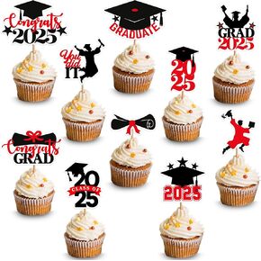 Katchon ، Red and Black Cake Cake Topper 2025 - حزمة 36 | أغطية حلوى خريجة لفئة زخارف الدرجات الحمراء لعام 2025 | ديكورات التخرج 2025