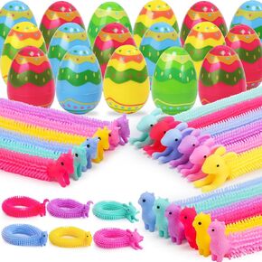 SKIRFY 24 Pcs Easter Eggs with 36 pcs Stress Relief Toys,36 Pcs Fidget Stretchy Toy,Muticolor Stretchy Strings Toy for Stress Relief,60 Pcs Easter Toys for Easter Egg Search,Easter Basket Stuffer