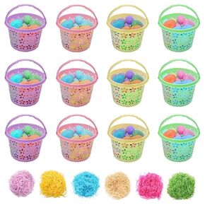 Ukontagood 12 Pack Easter Egg Baskets set, Multi-Color Easter Baskets with Handles with 72 Colorful Egg Shells and Tricolors Grass for Garden Decoration Party Favors