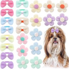 24pcs زهرة لطيف الكلب الأقواس مع العصابات المطاطية ، أقواس الكلاب صغيرة الحجم جرو الشعر الحيوانات الأليفة