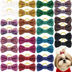 yxiang puppy srequin sequin blitter hair أقواس للكلاب الصغيرة ، مصنوعة يدويًا 30pcs روابط مطاطية للحيوان