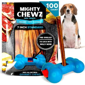 7" Standard Bully Sticks (100 Pack) with Bully Stick Safety Device - No Choking/All Natural Pizzle Sticks and Bully Stick Holder