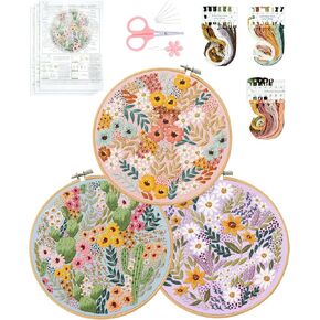 Santune Embroidery Kit - 3pcs Christmas Embroidery Patterns for Beginners with Instructions Cross Stitch Kits for Adults with 1 Embroidery Hoops, Color Threads and Needles, Good Hobbies for Women