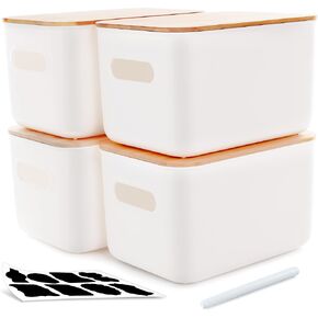 Citylife 2 Packs Plastic Storage Bins with Bamboo lids Stackable Storage Containers for Organizing, Bundled with Labels and Marker 10.24 x 7.01 x 6.1 inch