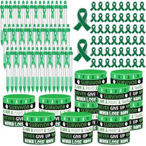 150 Pcs Mental Health Awareness Accessories Include 50 Green Ribbon Pens 50 Inspirational Positive Bracelets 50 Green Ribbon Awareness Pins for Men Women Teens Fundraiser Charity Events Gifts