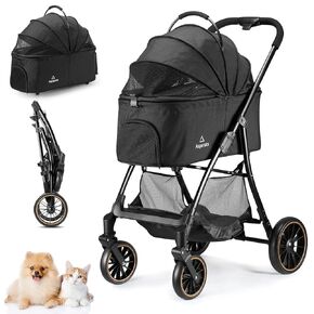 Pet Stroller for Small/Medium Dogs & Cats up to 55 lbs, Upgraded 4 Wheels Dog Stroller for Large Dogs, 3-in-1 Foldable Portable Travel Carrier for 2 Cats with Storage Basket and Cupholder