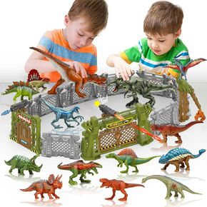 Oriate Jurassic Dinosaur Toys Catch n Run Fighting Playset, 32 PCS Include Big T-Rex & Carnotaurus 12 Mini Dinosaur Figures 6 Fences 1 Egg Play Sets, Dinosaur Toys for Kids 2-4 3-5